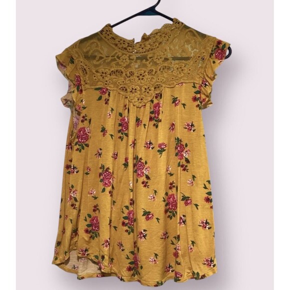 Self Esteem Womens Yellow Floral Lace Scalloped High Neck Button-Back Shirt XL - Picture 1 of 5